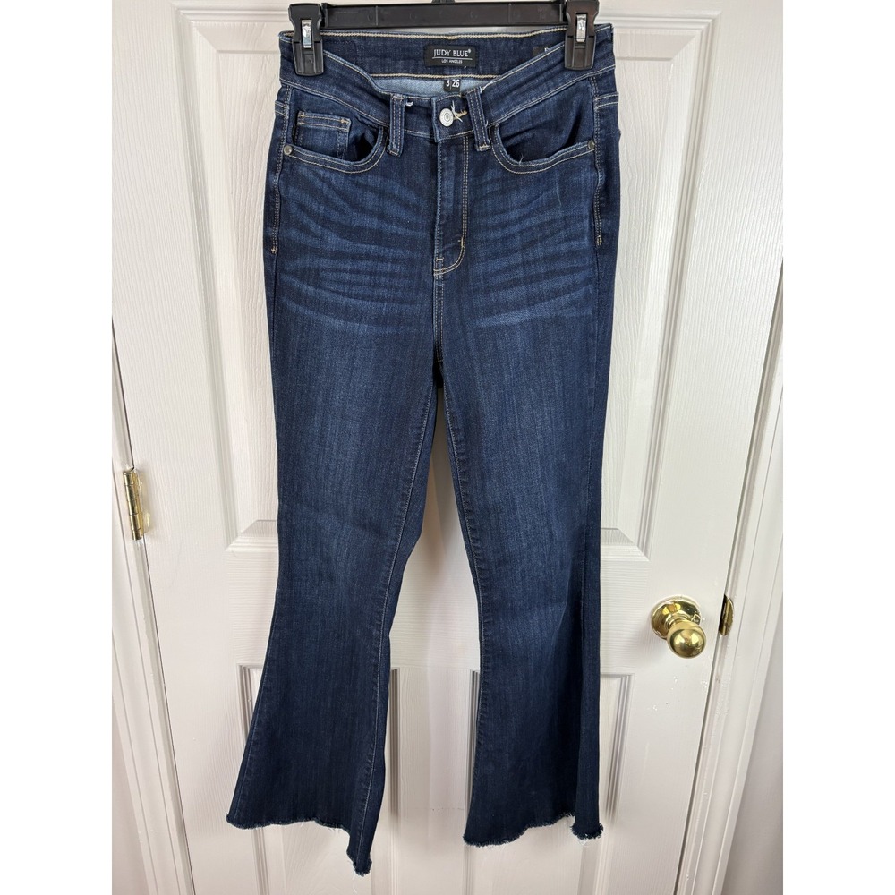 Judy Blue Flare Jeans Womens 3/26 Blue Excellent Raw Hem High Rise Stretch